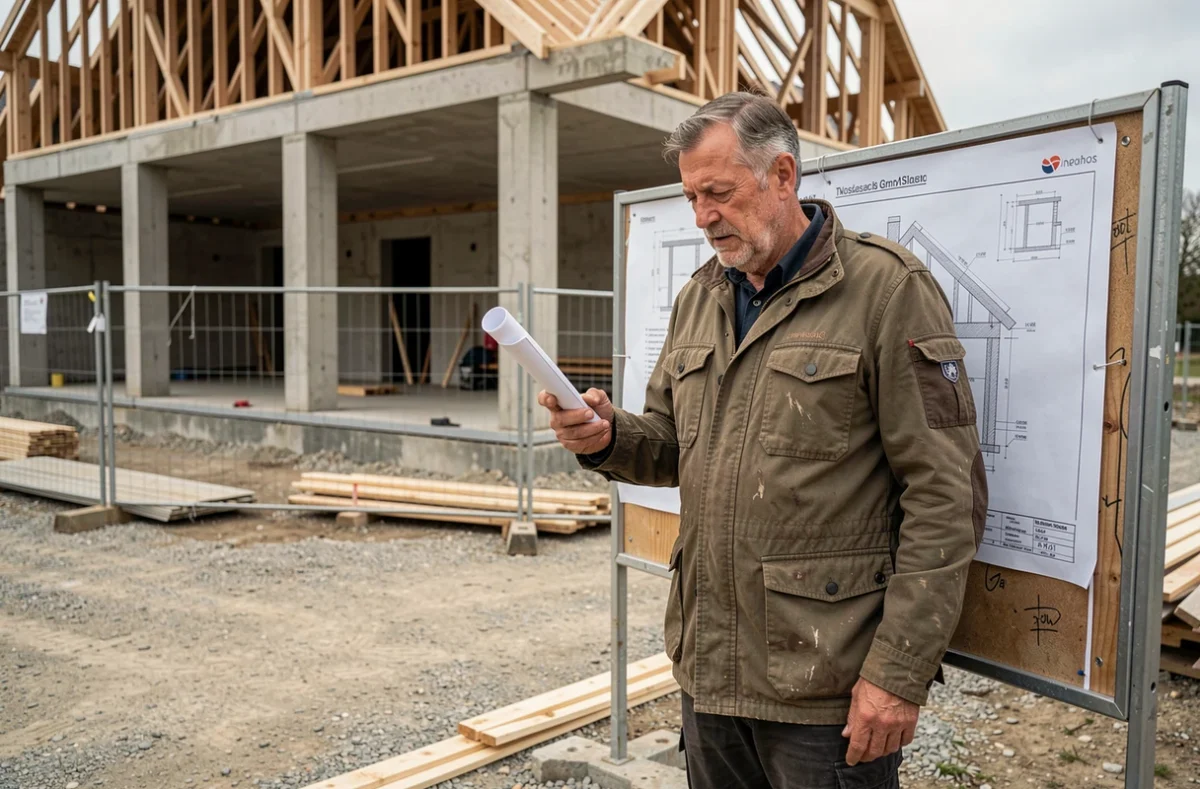 Architecte d'EURL Eric Poucheret sur un chantier de construction en Gironde, examinant des plans techniques