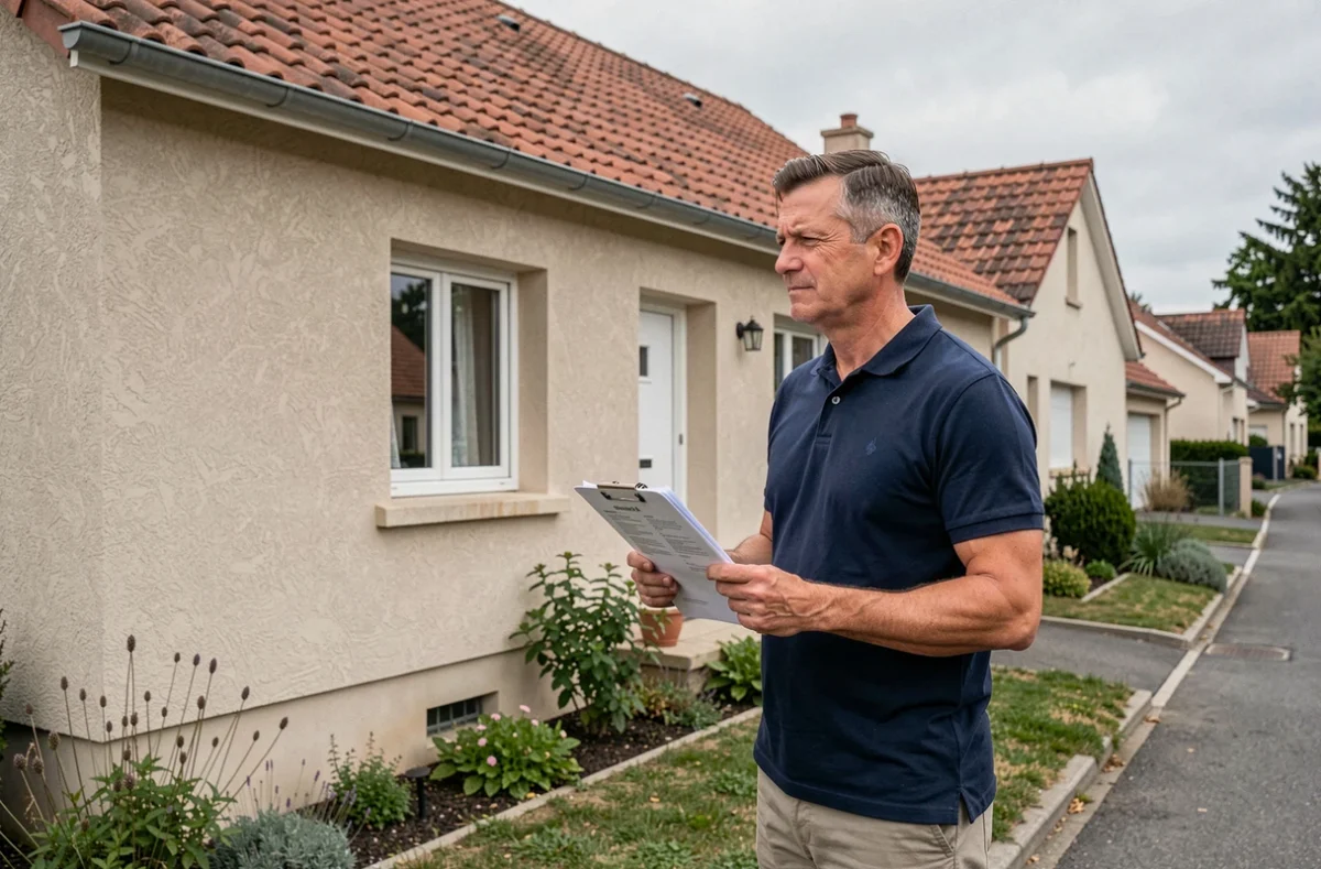 Homme évaluant son assurance maison devant une maison de banlieue avec des documents en main