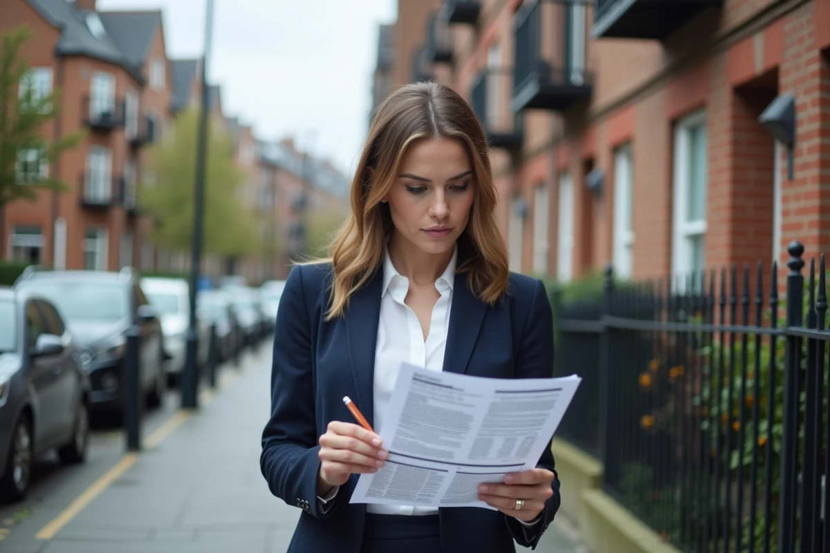 Femme évaluant un immeuble résidentiel avec une fiche d'estimation immobilière à la main dans une rue urbaine