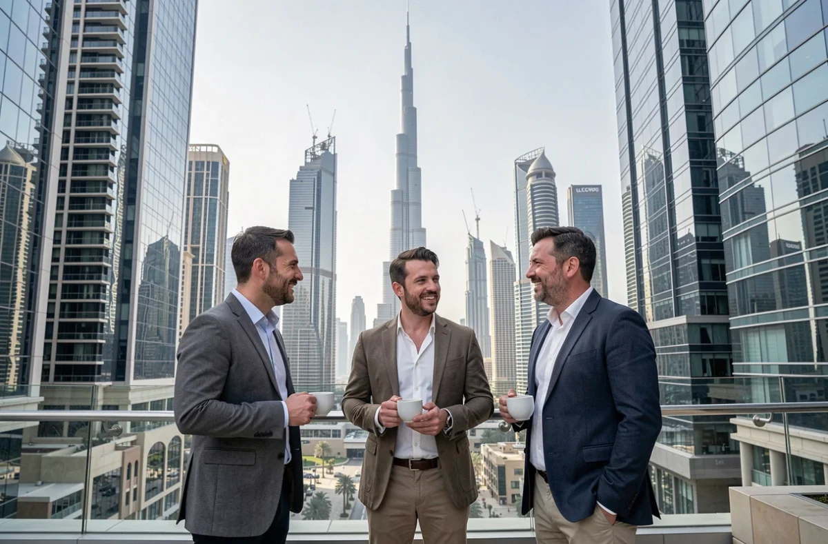 Groupe d'expatriés francophones en terrasse avec vue sur le Burj Khalifa dans le quartier Downtown Dubaï