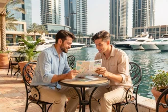 Couple d'expatriés francophones consultant une carte des quartiers de Dubaï Marina en terrasse de café
