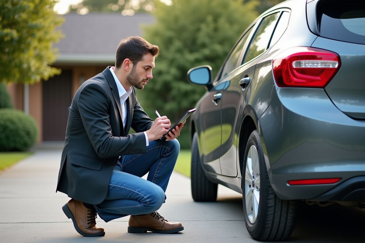 Jeune homme inspectant une voiture endommagée devant une maison
