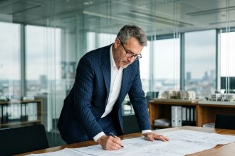 Expert immobilier étudiant des plans architecturaux dans un bureau moderne