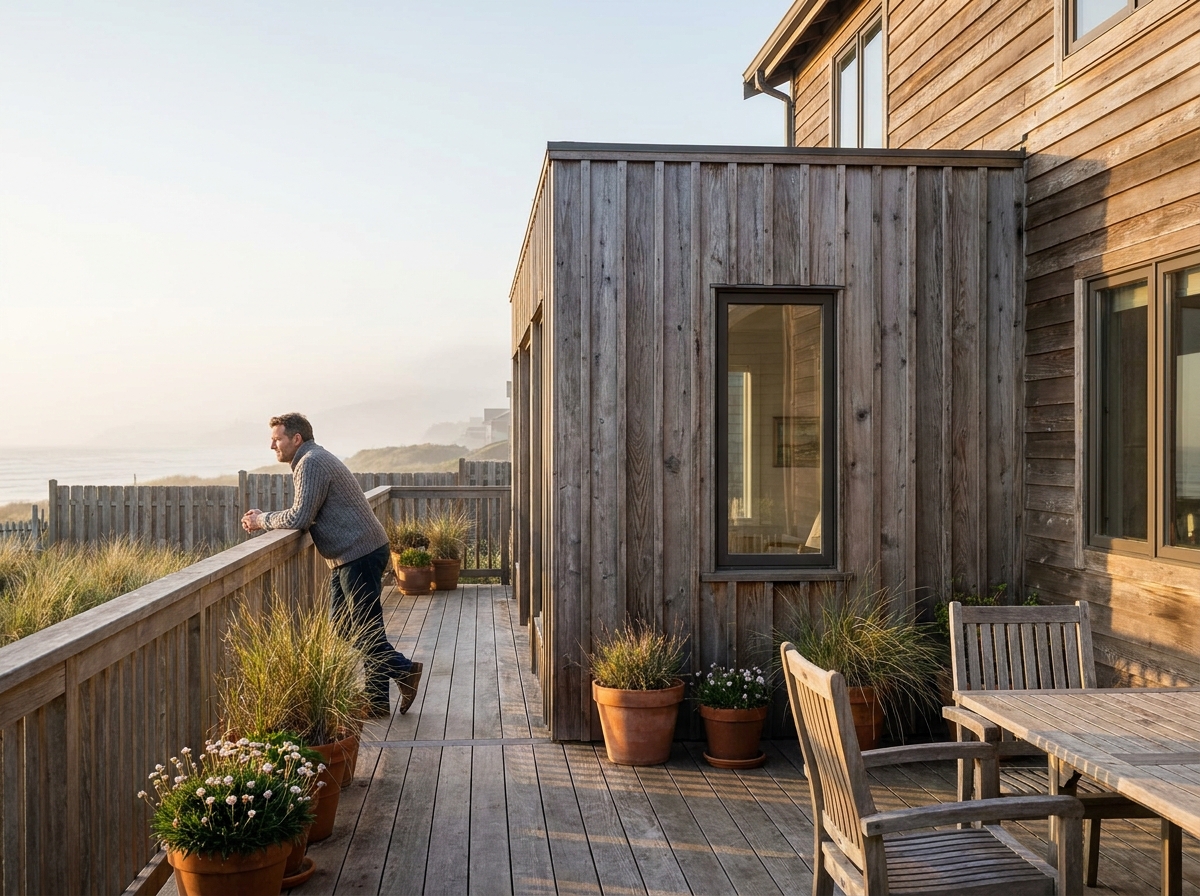 Extension en bois Douglas avec terrasse sur une maison côtière, vue extérieure depuis le jardin avec aperçu de l'océan