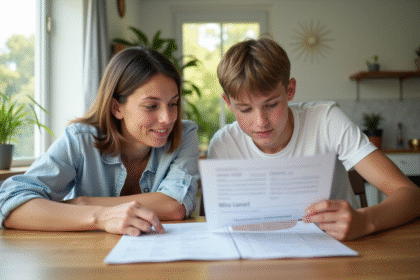 Femme et adolescent examinent un contrat de location à la maison
