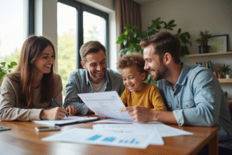 Famille heureuse dans un salon moderne en train de trier des documents d'assurance