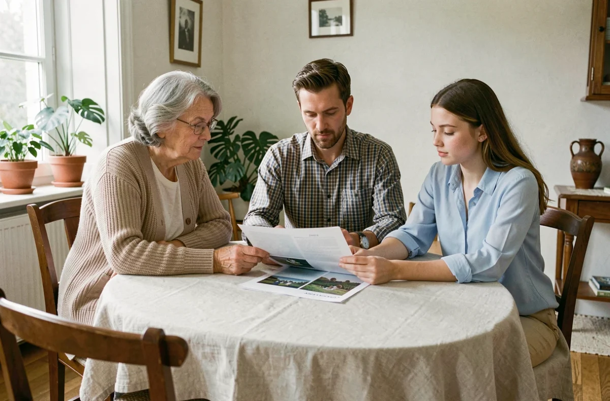 Famille multigénérationnelle réunie autour d'un document de donation notariale avec grands-parents et petit-enfant adulte dans un salon familial