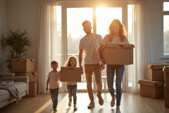 Famille heureuse emmenageant dans une maison lumineuse