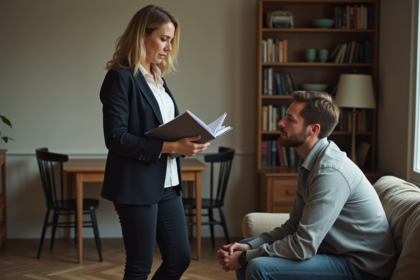 Femme d'affaires discutant avec un jeune homme dans un salon français