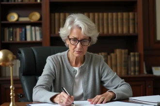 Femme âgée examinant des documents notariaux liés à un viager dans un bureau de notaire traditionnel
