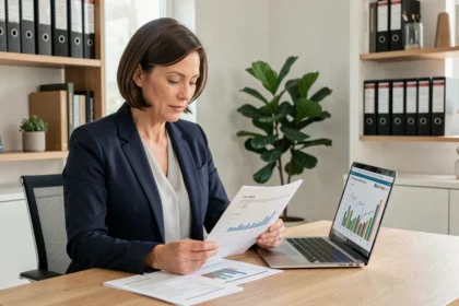 Femme cadre analysant des documents de défiscalisation SCPI dans un bureau moderne