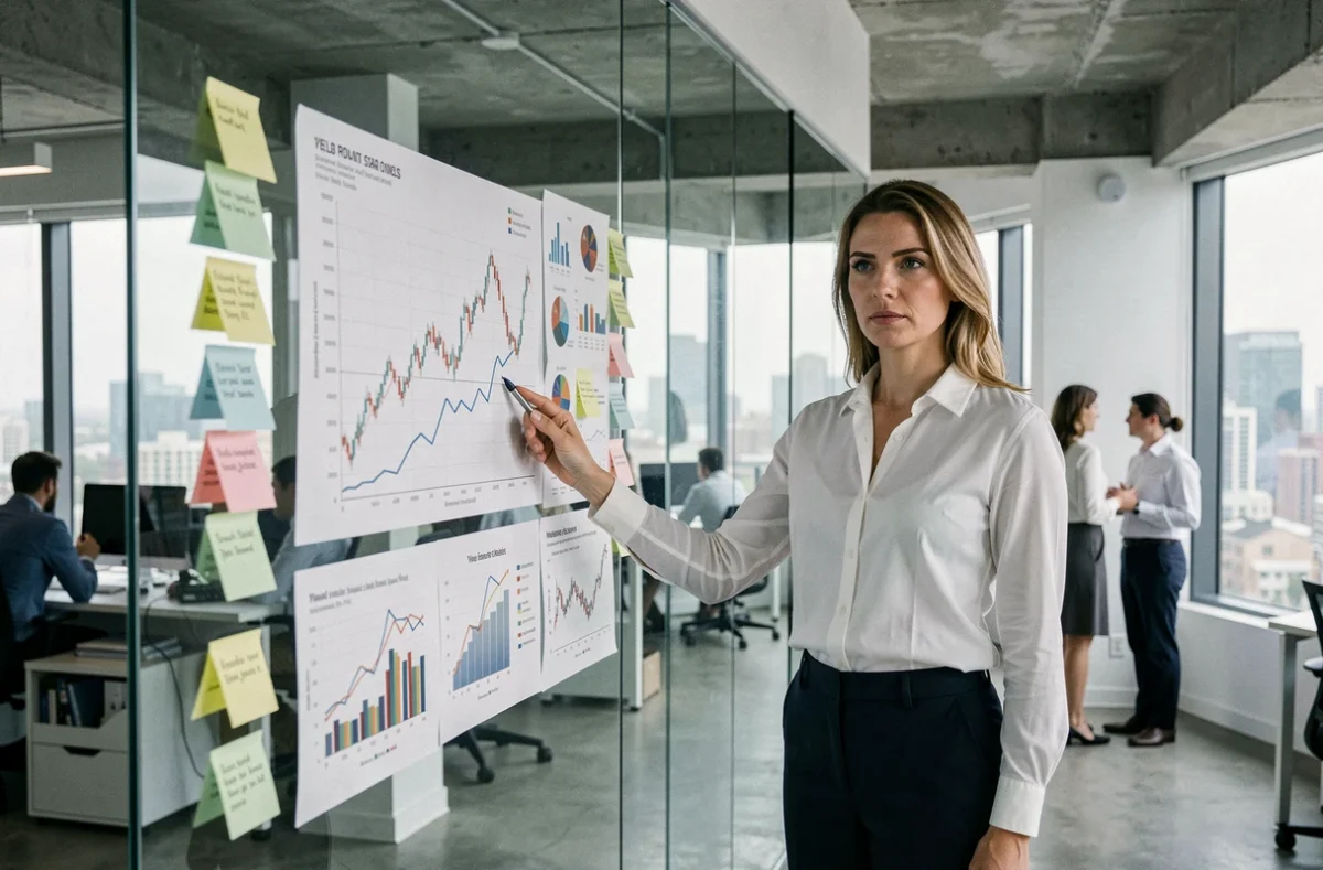 Femme cadre analysant des graphiques de rendement et de risques liés aux placements en SCPI dans un bureau moderne