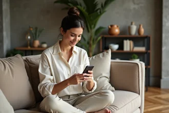 Femme utilisant une application de décoration intérieure sur smartphone dans un salon moderne au style parisien épuré