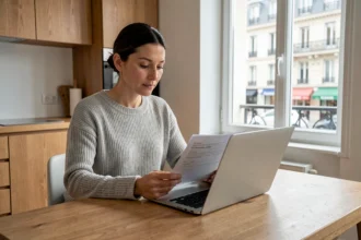 Femme consultant les documents de son assurance habitation Carma sur un ordinateur portable dans une cuisine moderne