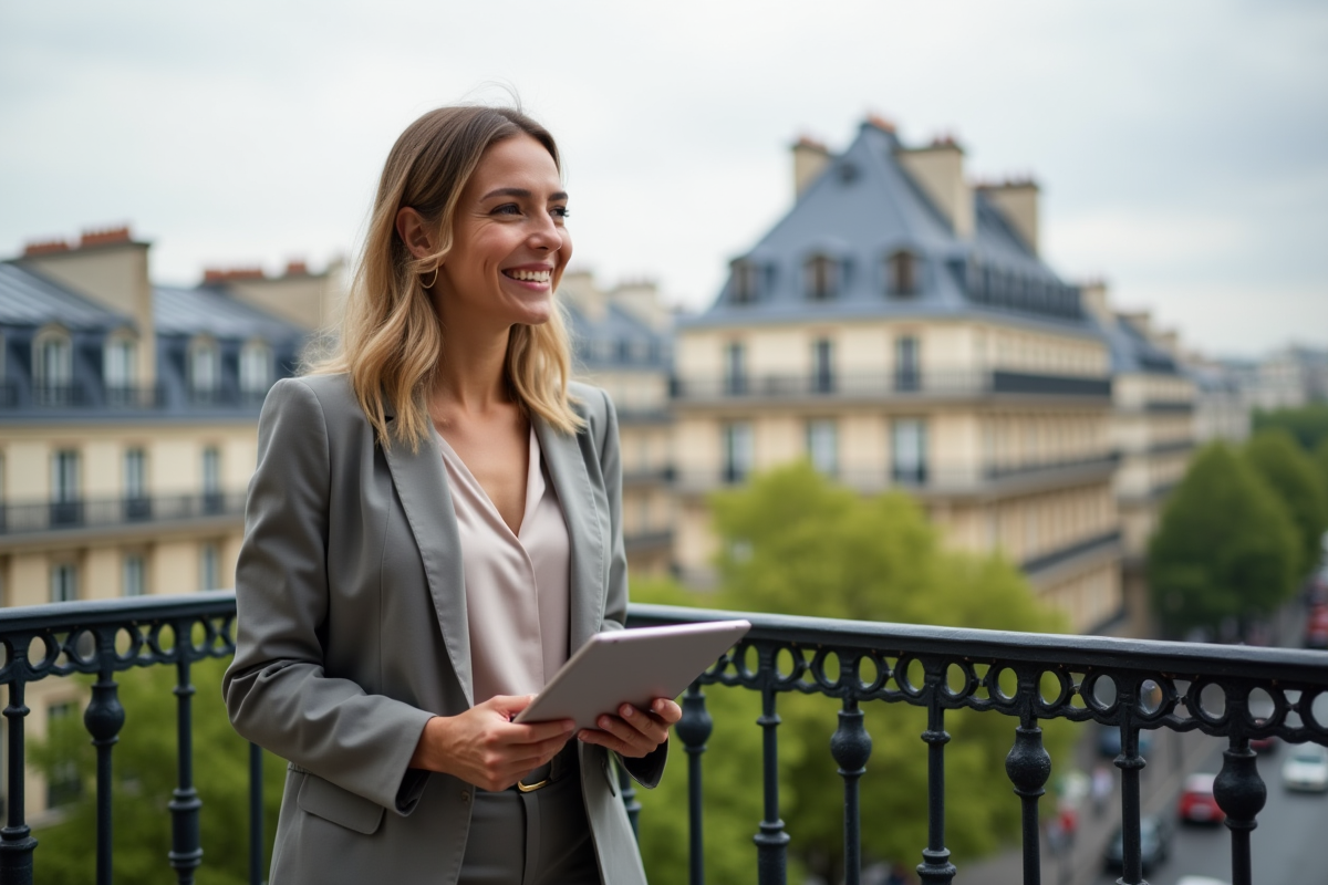 Femme regardant la ville depuis un balcon parisien