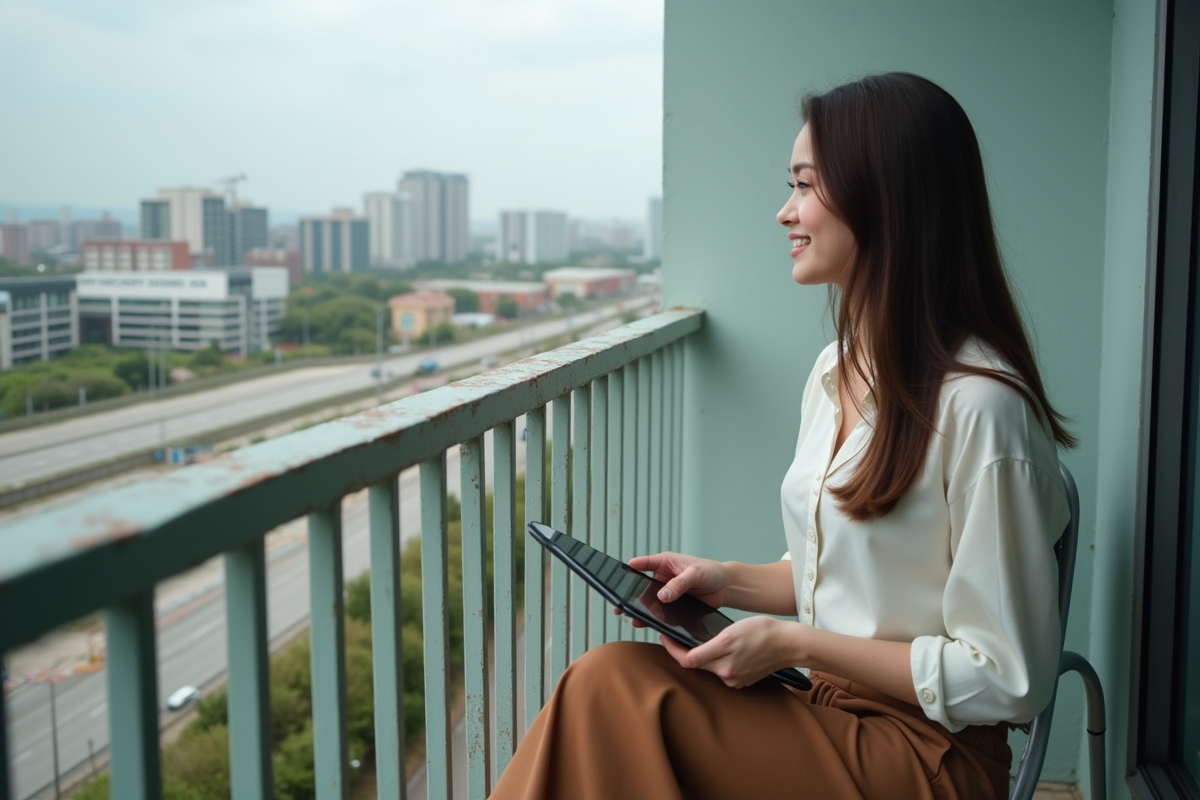 Jeune femme assise sur un balcon avec paysage périurbain
