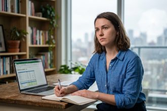 Jeune femme réfléchissant à son budget dans un intérieur moderne