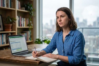 Jeune femme réfléchissant à son budget dans un intérieur moderne