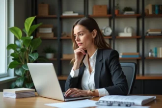 Femme au bureau à domicile avec ordinateur et documents