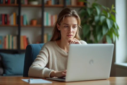 Femme assise à un bureau moderne regardant son ordinateur