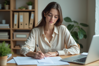 Jeune femme au bureau remplissant des documents officiels