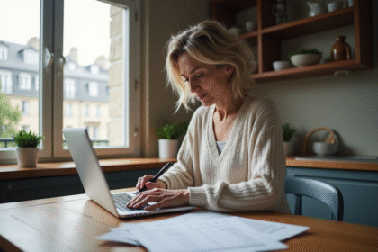 Femme française calculant une augmentation de loyer dans sa cuisine