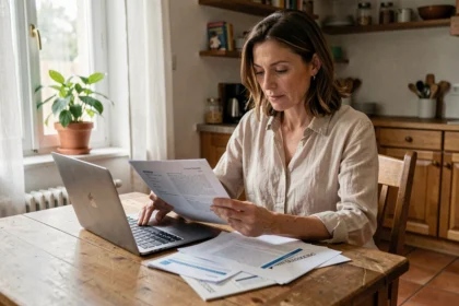 Femme comparant des contrats d'assurance logement sur une table en bois dans un appartement français