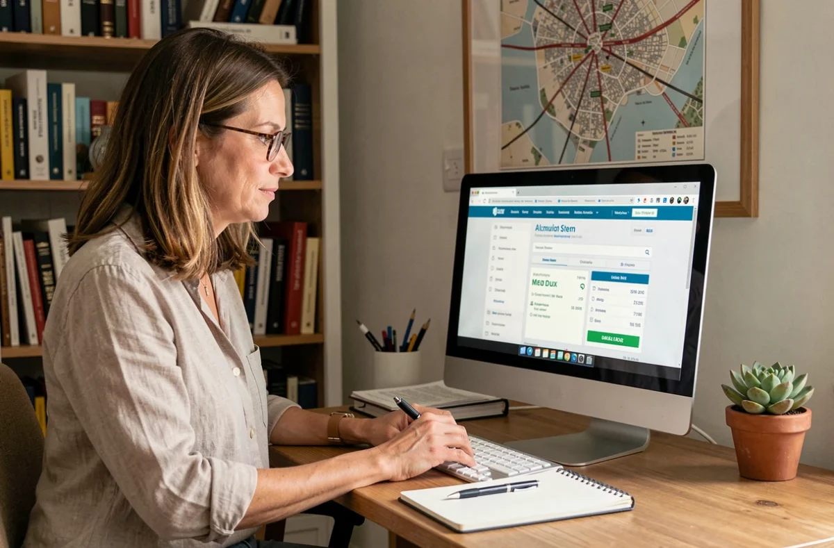 Femme consultant un comparateur d'assurance habitation en ligne depuis son bureau à domicile à Meaux