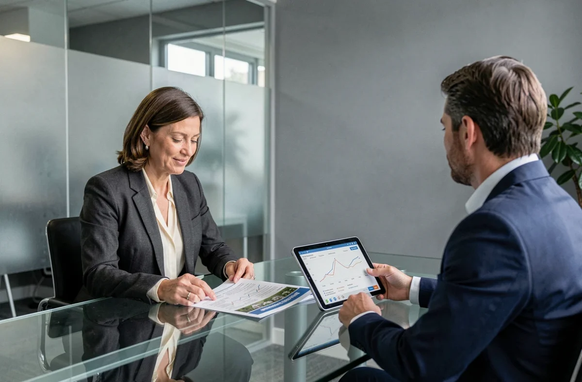 Femme consultant un conseiller financier pour démarrer un investissement en SCPI dans une agence professionnelle