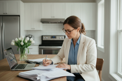 Femme d'âge moyen étudie ses contrats d'assurance à la maison