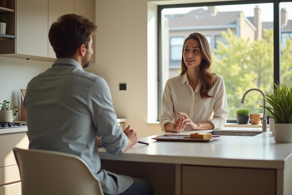 Jeune femme discutant immobilier avec conseiller dans cuisine
