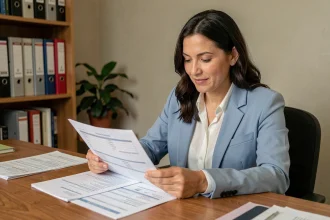 Femme examinant son dossier de demande de logement social classé en rang 2 à son bureau