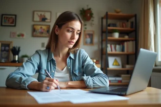 Femme de 40 ans examinant des documents juridiques à la maison