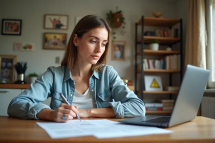 Femme de 40 ans examinant des documents juridiques à la maison