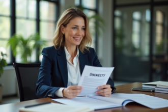 Femme d'affaires examinant un rapport SCPI dans un bureau lumineux