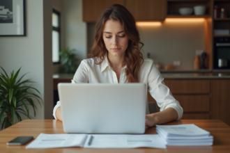 Femme professionnelle examine documents financiers dans un appartement moderne