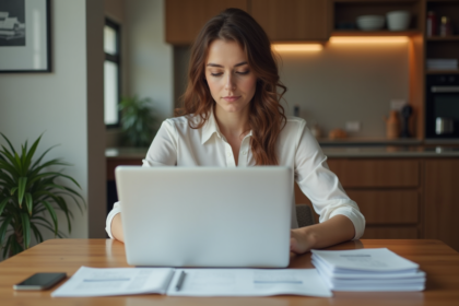 Femme professionnelle examine documents financiers dans un appartement moderne