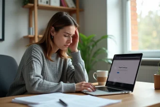 Femme frustrée devant son ordinateur portable affichant une erreur sur le site myfoncia.com, incapable d'accéder à ses documents en ligne