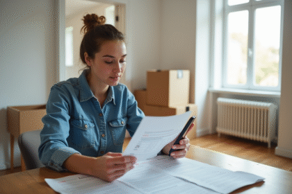 Femme en denim vérifiant documents d electricite dans un appartement