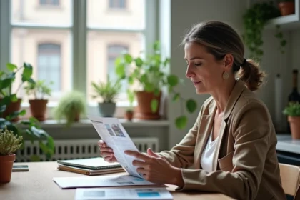 Femme d'âge moyen examine une brochure immobilière dans une cuisine lumineuse