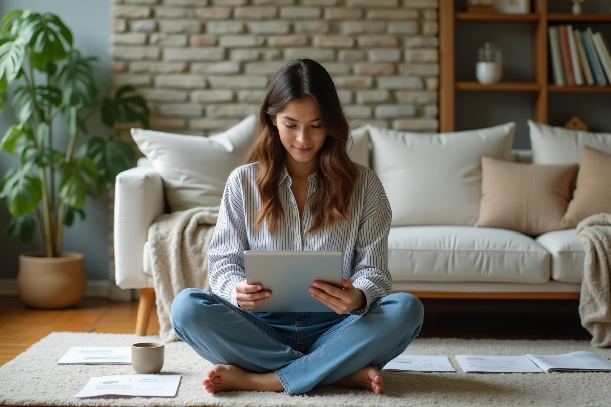 Jeune femme consulte des annonces immobilières à la maison