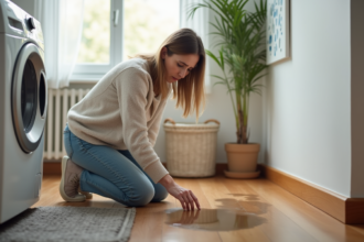 Femme inquiète vérifiant une fuite d'eau au sol