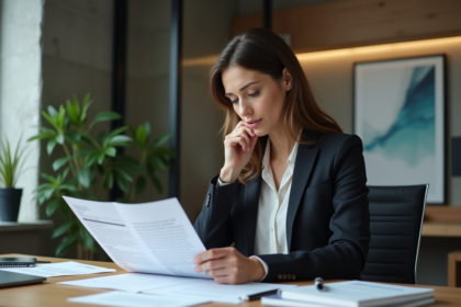 Femme professionnelle étudie documents d'investissement