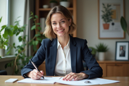 Femme professionnelle en bureau pour article immobilier