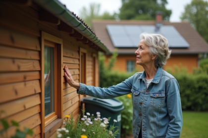 Femme touchant la façade d'une maison écologique en bois