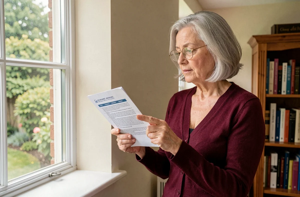 Femme mature lisant attentivement une brochure d'assurance habitation Carma près d'une fenêtre dans une maison