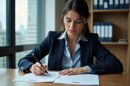 Femme professionnelle signant des documents juridiques dans un bureau moderne