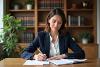 Femme en blazer bleu préparant ses documents fiscaux à domicile