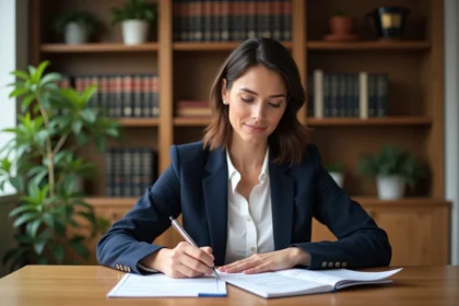 Femme en blazer bleu préparant ses documents fiscaux à domicile
