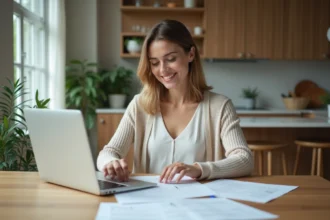 Femme souriante organise des papiers dans une cuisine lumineuse